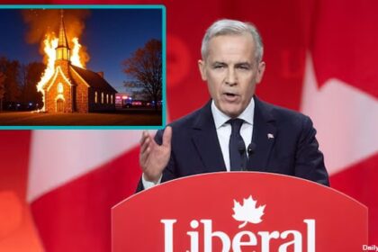 White male Canada Prime Minister Mark Carney speaking on stage in front of an image of a burning church.