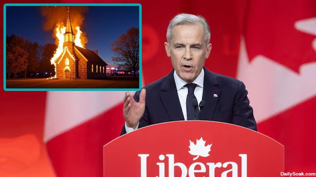 White male Canada Prime Minister Mark Carney speaking on stage in front of an image of a burning church.