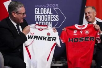 Canada's Mark Carney and UK's Keir Starmer on stage holding hockey jerseys.