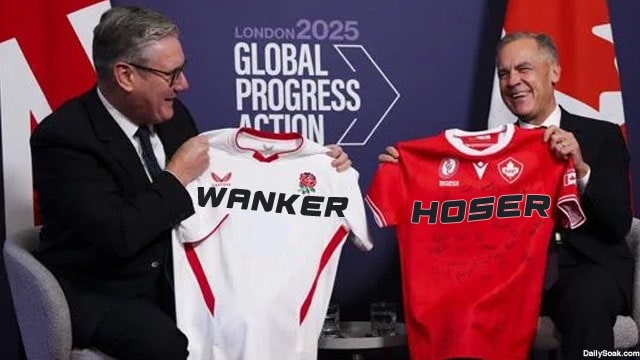 Canada's Mark Carney and UK's Keir Starmer on stage holding hockey jerseys.