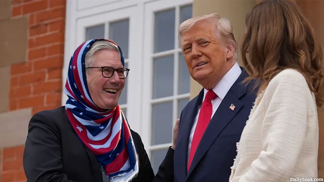 UK Prime Minister Keir Starmer wearing an American flag Islamic hijab as he shakes the hand of President Donald Trump.