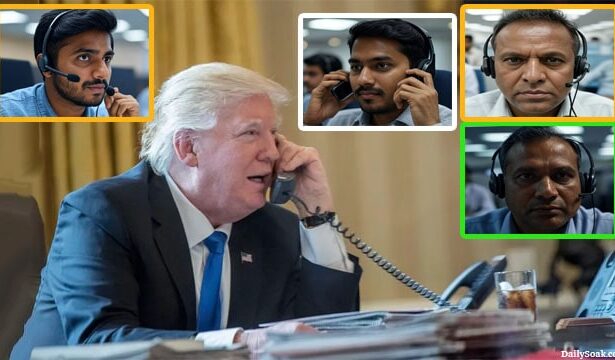 Indian male phone operators in a call center calling President Donald Trump in the White House.