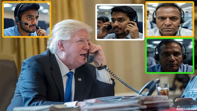 Indian male phone operators in a call center calling President Donald Trump in the White House.