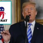 President Donald Trump on stage speaking about the Democrat Party.