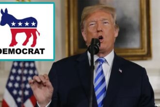 President Donald Trump on stage speaking about the Democrat Party.