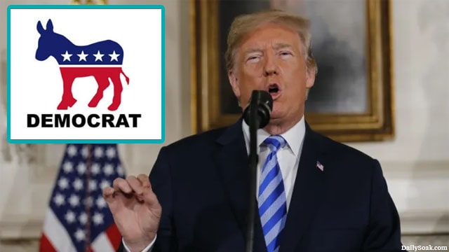 President Donald Trump on stage speaking about the Democrat Party.