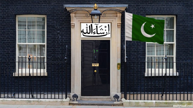 UK Prime Minister's office on 10 Downing Street with a green Pakistan flag in front.