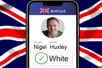UK Prime Minister Keir Starmer's new digital ID phone in front of a UK flag.