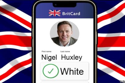 UK Prime Minister Keir Starmer's new digital ID phone in front of a UK flag.