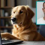 UK British man in his home watching his golden retriever dog touching a laptop on desk.
