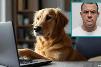 UK British man in his home watching his golden retriever dog touching a laptop on desk.