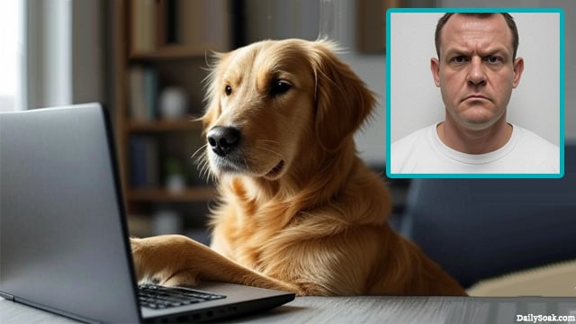 UK British man in his home watching his golden retriever dog touching a laptop on desk.