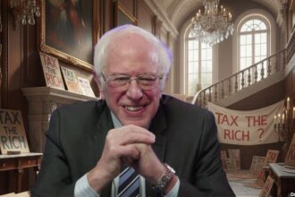 Bernie Sanders inside of his home next to "Tax the Rich" signs.