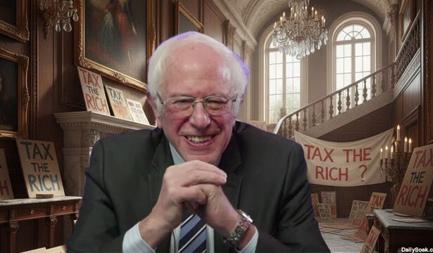 Bernie Sanders inside of his home next to "Tax the Rich" signs.
