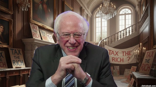 Bernie Sanders inside of his home next to "Tax the Rich" signs.