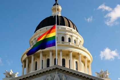 Rainbow flags on California Capitol building.