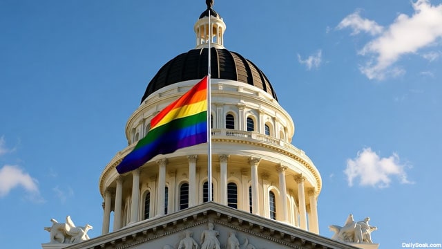 Rainbow flags on California Capitol building.