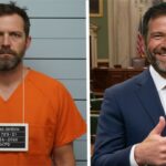A bearded white man in an orange jumpsuit standing next to a bearded white man wearing a suit inside Congress.