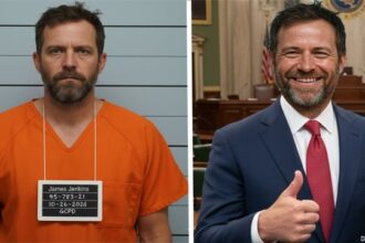 A bearded white man in an orange jumpsuit standing next to a bearded white man wearing a suit inside Congress.