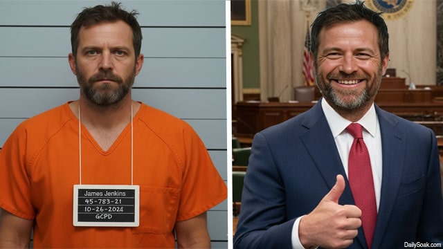 A bearded white man in an orange jumpsuit standing next to a bearded white man wearing a suit inside Congress.