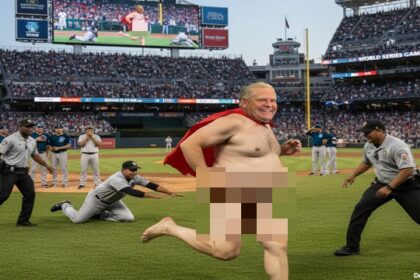 Canada's Doug Ford streaking naked during 2025 World Series game in defiance of President Donald Trump's tariffs.