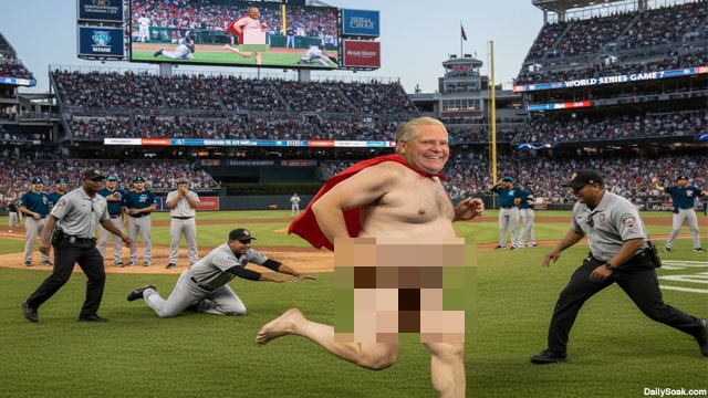 Canada's Doug Ford streaking naked during 2025 World Series game in defiance of President Donald Trump's tariffs.