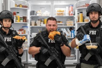 FBI agents in front of James Comey's refrigerator eating.