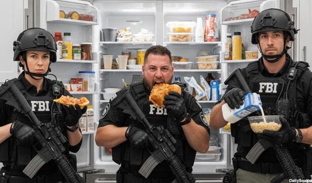 FBI agents in front of James Comey's refrigerator eating.