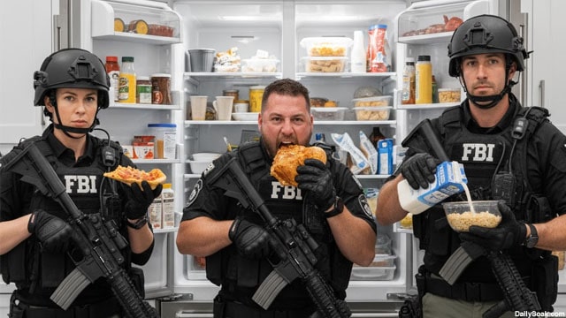 FBI agents in front of James Comey's refrigerator eating.