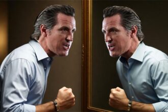 California Governor Gavin Newsom inside bathroom yelling into mirror.