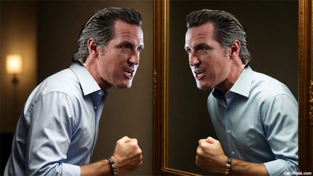 California Governor Gavin Newsom inside bathroom yelling into mirror.