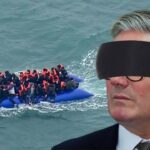 UK Prime Minister Keir Starmer wearing a blindfold as a migrant boat crosses the English Channel.