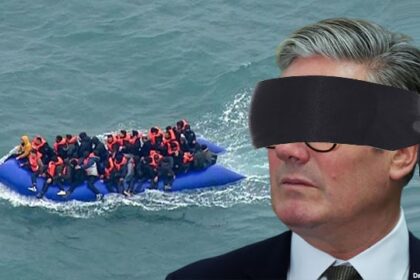 UK Prime Minister Keir Starmer wearing a blindfold as a migrant boat crosses the English Channel.