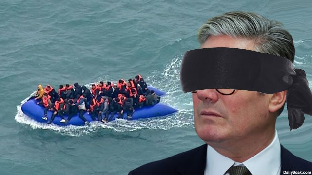 UK Prime Minister Keir Starmer wearing a blindfold as a migrant boat crosses the English Channel.