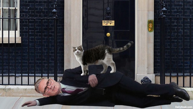 Larry the Cat standing near UK Prime Minister Keir Starmer.