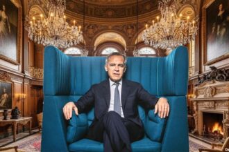 Canada Prime Minister Mark Carney sitting on a chair inside of his office.