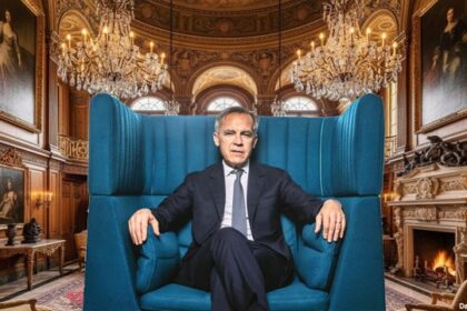 Canada Prime Minister Mark Carney sitting on a chair inside of his office.
