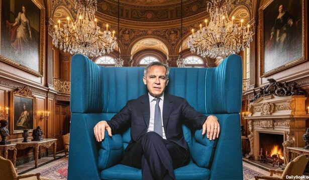 Canada Prime Minister Mark Carney sitting on a chair inside of his office.