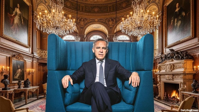 Canada Prime Minister Mark Carney sitting on a chair inside of his office.