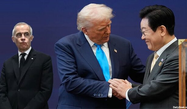 Mark Carney standing in a corner watching President Donald Trump during APEC summit in South Korea.