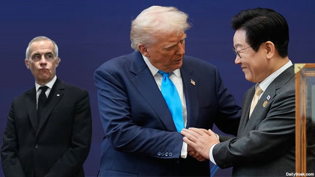 Mark Carney standing in a corner watching President Donald Trump during APEC summit in South Korea.