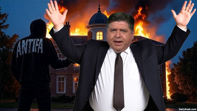 Governor JB Pritzker standing in front of his Illinois governor's mansion on fire.