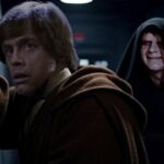 Star Wars Emperor Palpatine staring at Luke Skywalker on Death Star.
