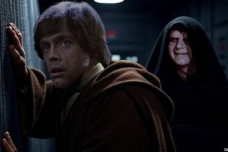 Star Wars Emperor Palpatine staring at Luke Skywalker on Death Star.