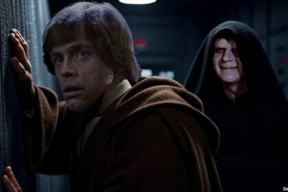 Star Wars Emperor Palpatine staring at Luke Skywalker on Death Star.