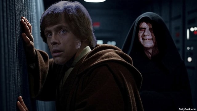 Star Wars Emperor Palpatine staring at Luke Skywalker on Death Star.