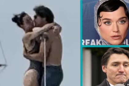 Katy Perry and Justin Trudeau on a boat kissing.