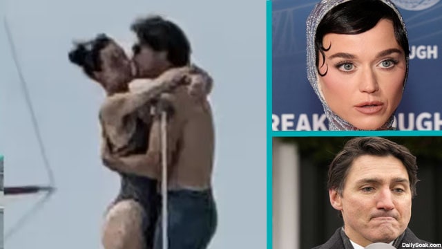 Katy Perry and Justin Trudeau on a boat kissing.