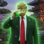 President Donald Trump drinking radioactive green tap water while in Japan.