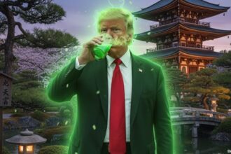 President Donald Trump drinking radioactive green tap water while in Japan.